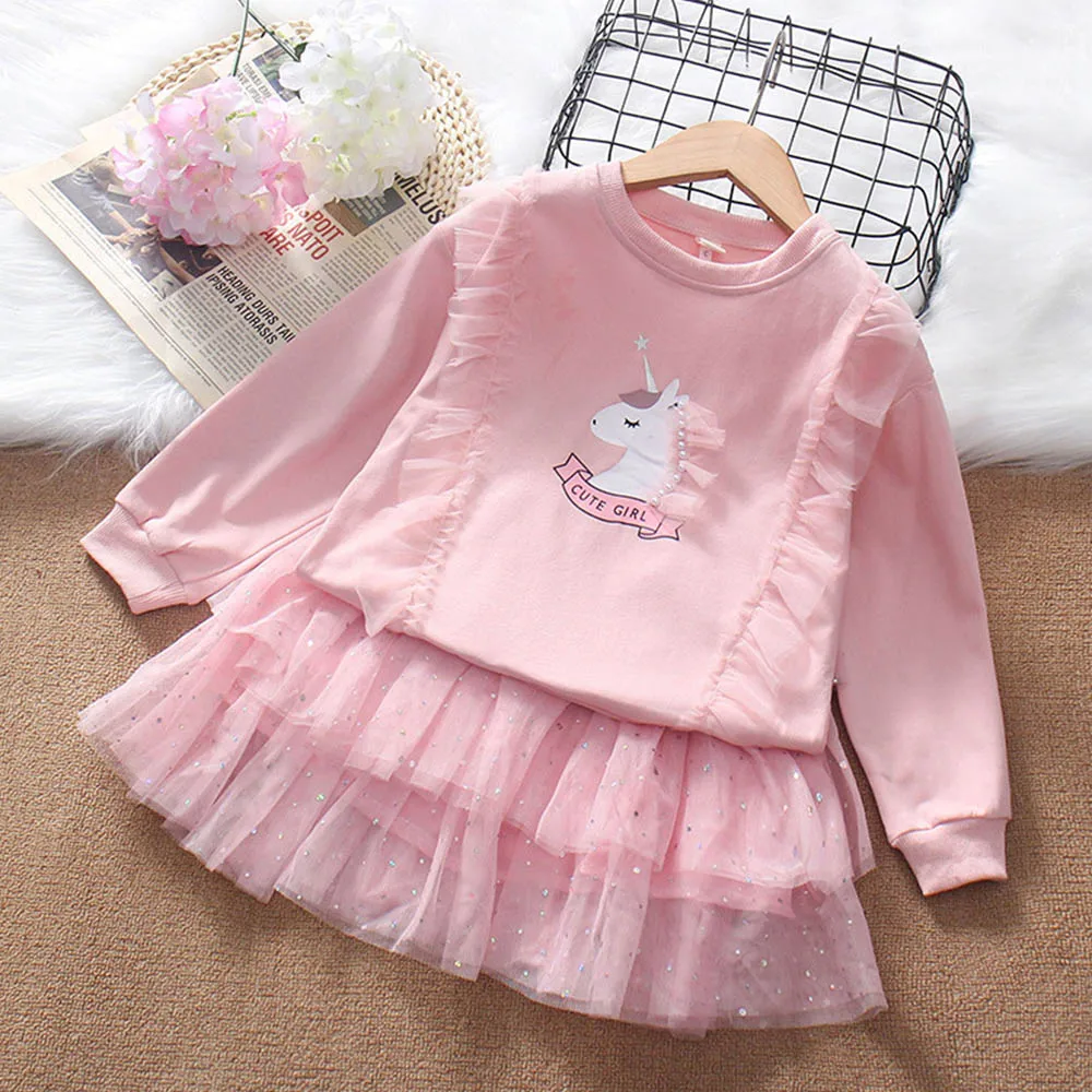 

Toddler Girl Sets Outfits 2022 Spring New Pearl Lace Cartoon Pony Long Sleeved Sweater + Sequin Mesh Cake Skirt Two Piece Suit