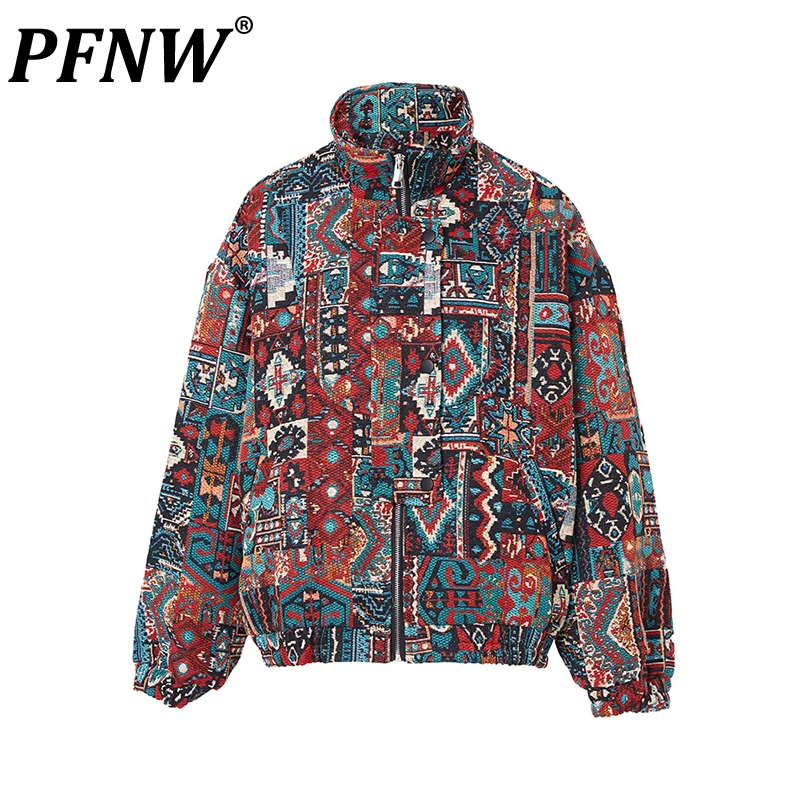 

PFNW Spring Autumn New Men's Yarn-dyed Jacquard Jackets Y2K Niche Design Loose Print Geometryfashion Anime Zippers Tops 12A9192