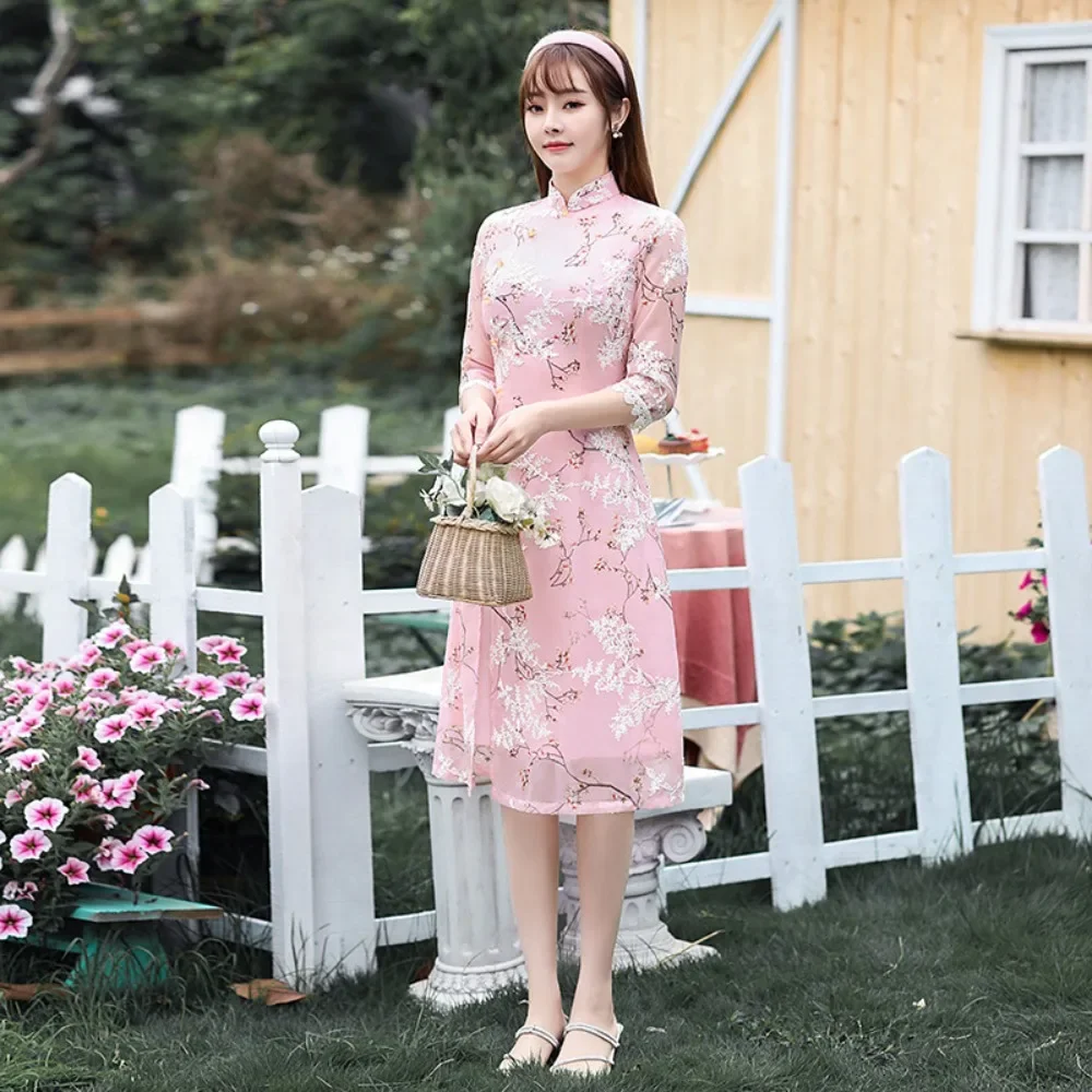 Модные элегантные платья-миди в китайском стиле Современные Moman Ципао летнее