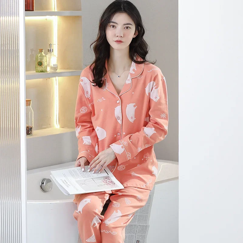 Осенние женские пижамы с длинными рукавами из чистого хлопка героями