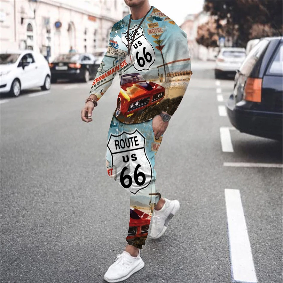 Men's Tracksuit Vintage T-shirt Long Pants 66 Route Racing 2 Piece Set Fashion Trend Jogging Sweatshirt Casual Sportswear Suit