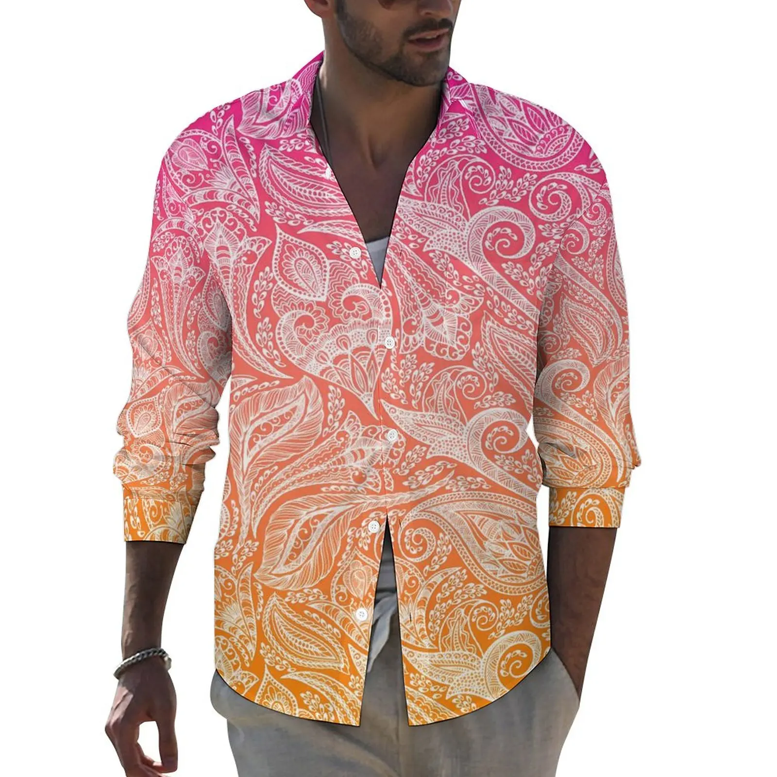 

White Paisley Casual Shirts Man Orange Ombre Shirt Long Sleeve Cool Aesthetic Blouses Spring Custom Clothing Large Size