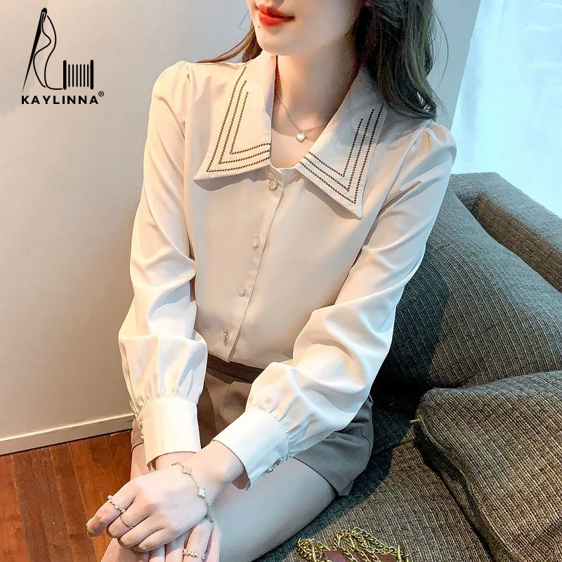 KAYLINNA Blouse Women Office Lady Striped Polo-Neck Button Long Sleeves Female Blouses Woman Chiffon Shirt Tops Women's Clothing