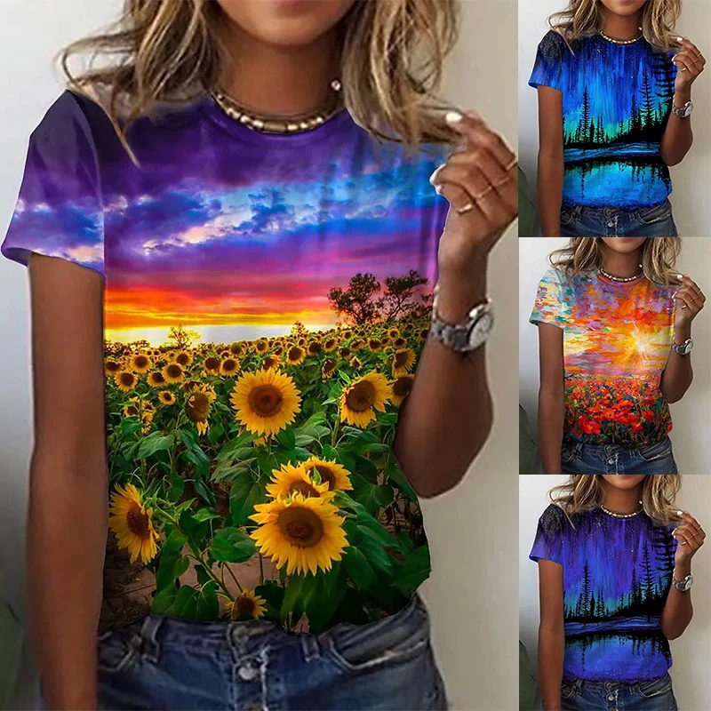 

Women's Flower Theme 3D Printing Painting T-shirt Landscape 3D Sunflower Printing T-shirt 2022 New Round Neck Basic Top