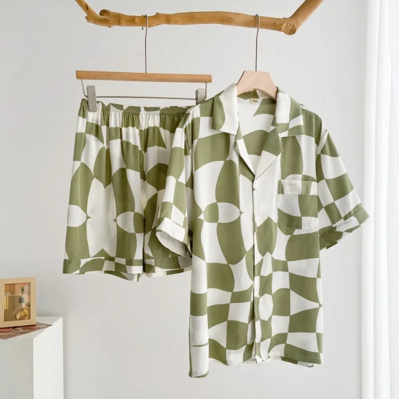 

Couple Two Piece Set Rayon Print Pajamas Loose Shirt&shorts Sleepwear Women Man Hom Clothes Casual Pyjamas Loungewear Nightwear