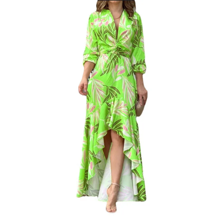 

Autumn Elegent 2022 Women Long Sleeve V-neck Polyester Printing Long Dress Maxi Dress Woman Dress