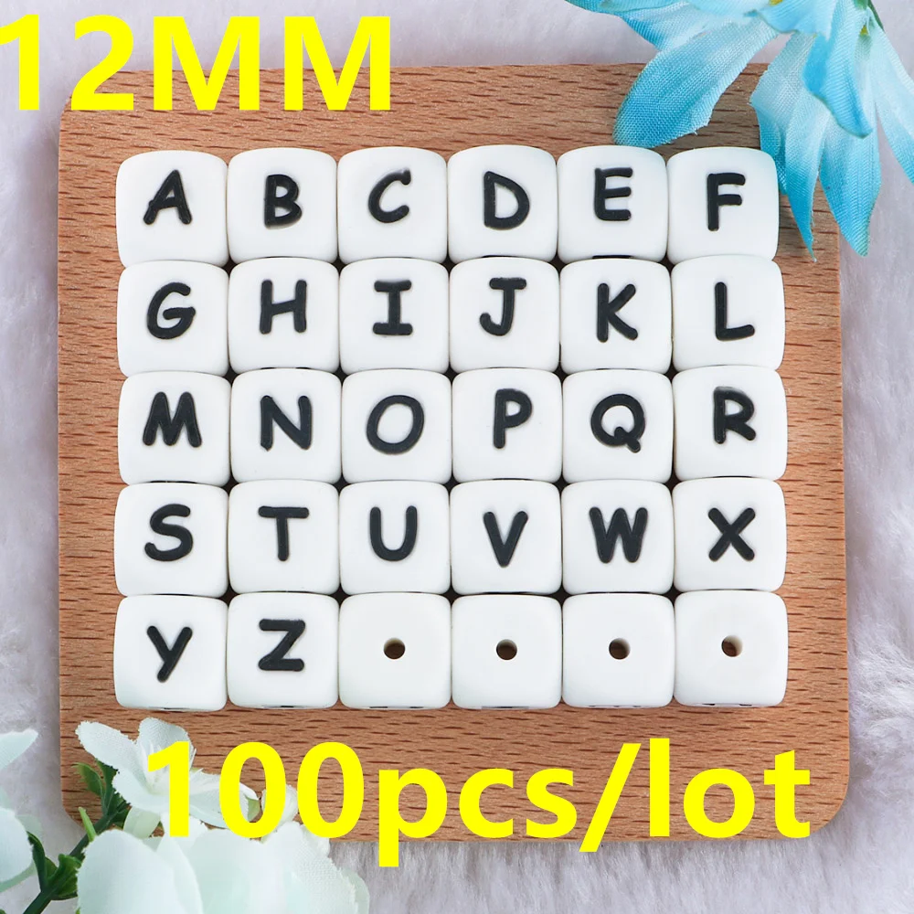 

100Pcs 12MM Silicone Beads English Alphabe Beads Food Grade Bracelet Personalized Pacifier Chain Chewing DIY jewelry Accessories
