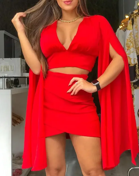 

Elegant Office Lady Outfits 2022 Summer Plain Cape Sleeve Plunge Crop Top & Ruched Skirt Sets