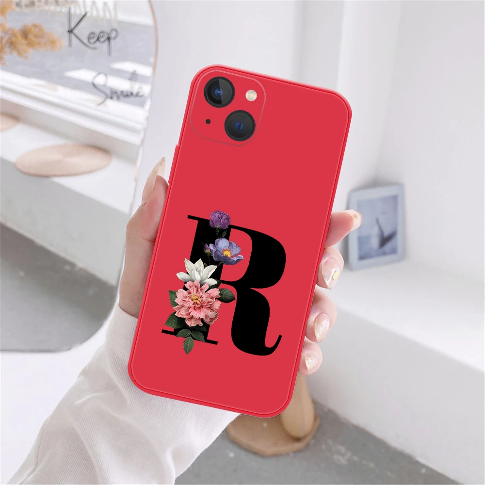 Фото Модный силиконовый чехол для телефона с буквой A Z для iPhone 12 13 ProMax 12 13 mini Retro черный цветок китайский красный чехол-накладка №3