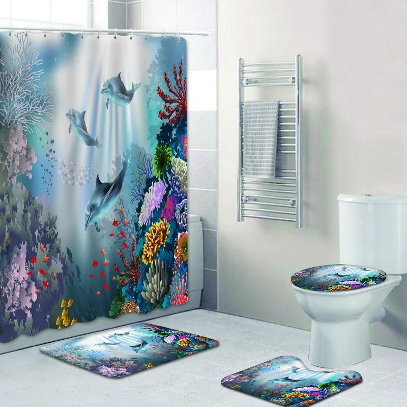 

Dolphin Shower Curtain Blue Ocean Tropical Fish Coral Underwater Sea Animal Bath Curtains Mats Set Bathroom Toilet Cover Carpet