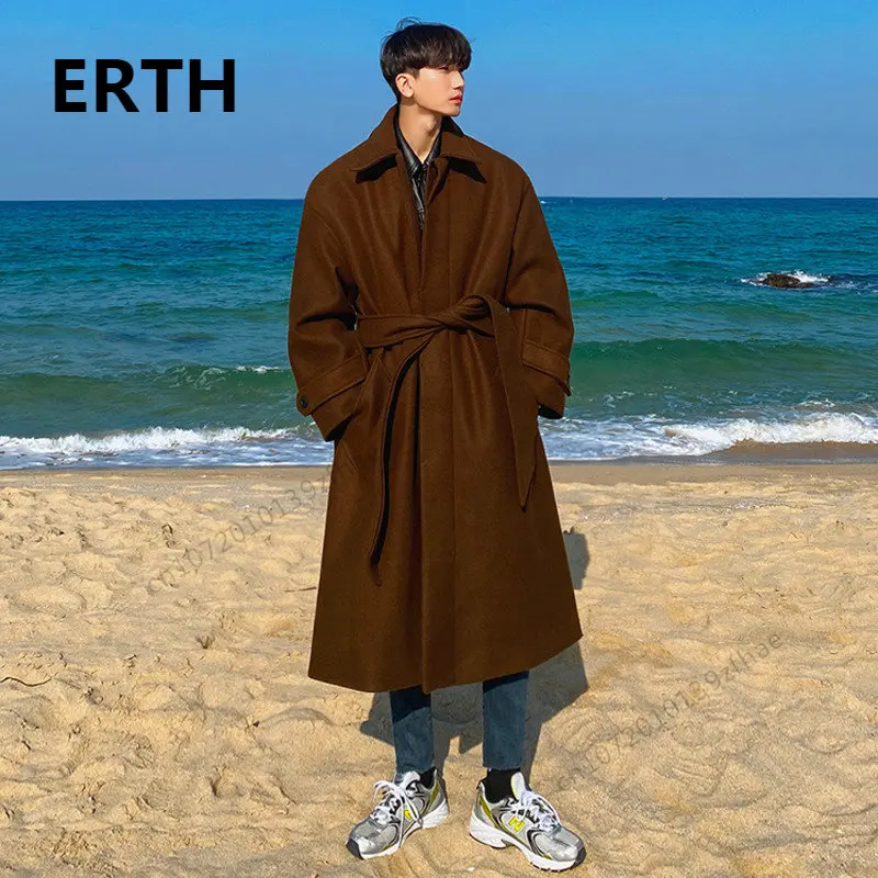 

ERTH Tweed Overcoat Men's Autumn Winter Long Coat Loose Knee-length New Korean British Thickened Belted Woolen Jacket