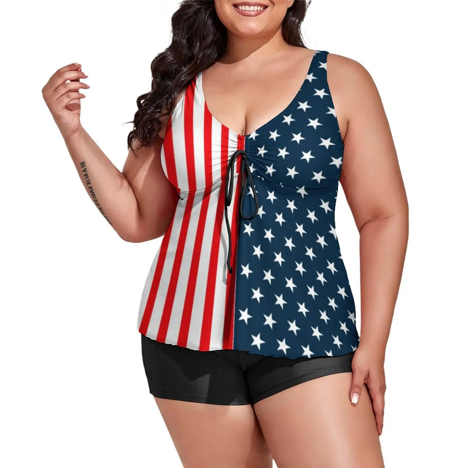 

Купальник-танкини с американским флагом США, разные цвета, с рисунком звезд, в полоску, пляжные костюмы с графическим принтом и высокой тали...