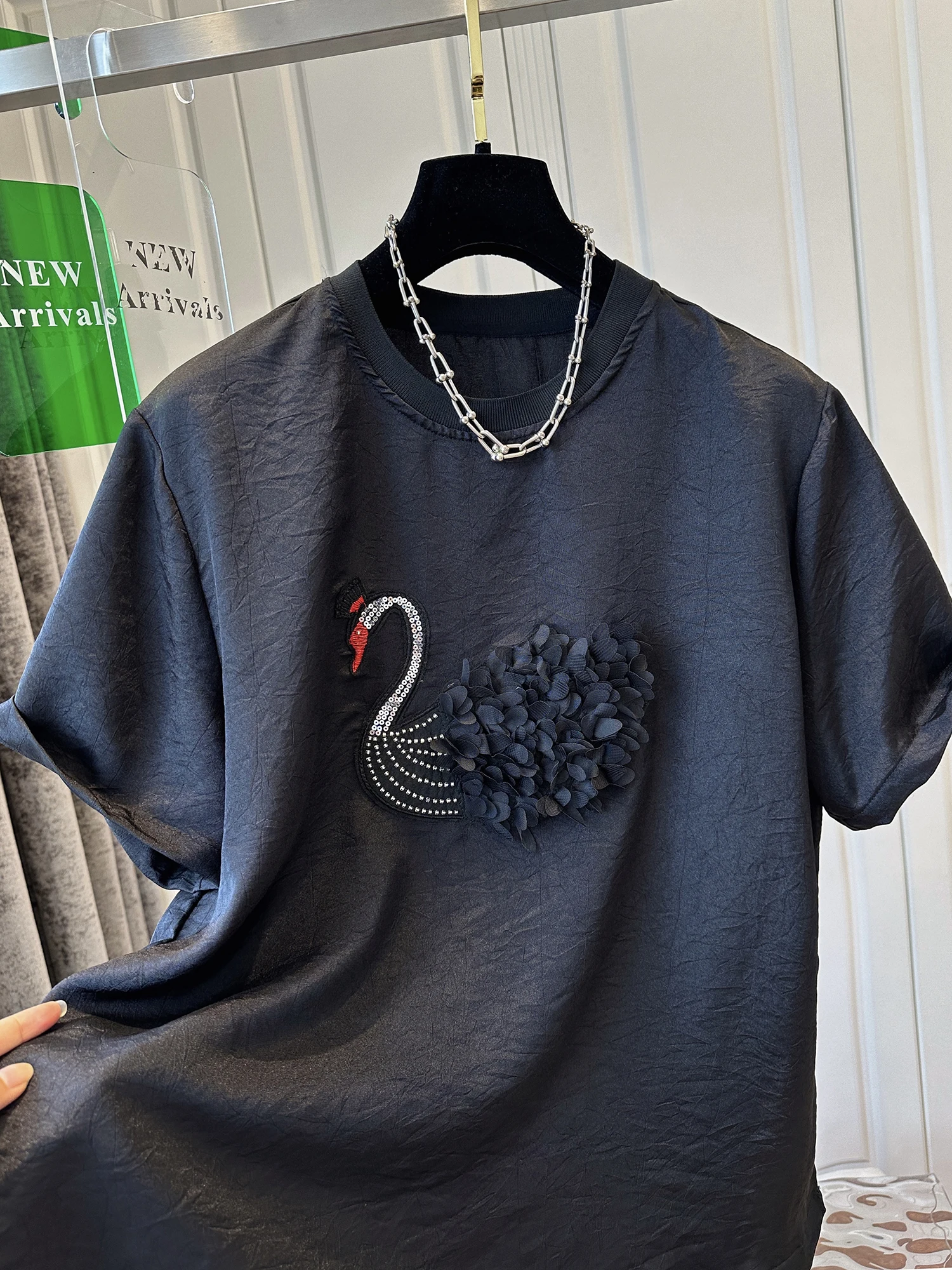 KMI Высококачественная блестящая вышитая ацетатная атласная шифоновая рубашка с