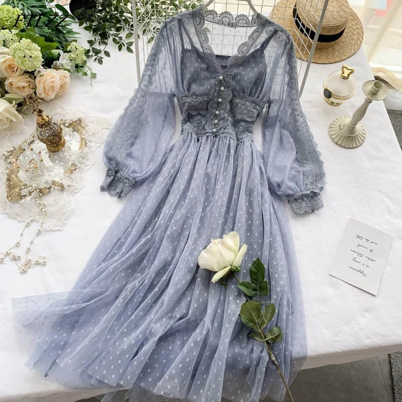 

FTLZZ Sweet Tulle Long Dress Spring Summer High Waist Long Sleeve V Neck Polka Dot Bohemian Dress Female Slim Fairy Dresses