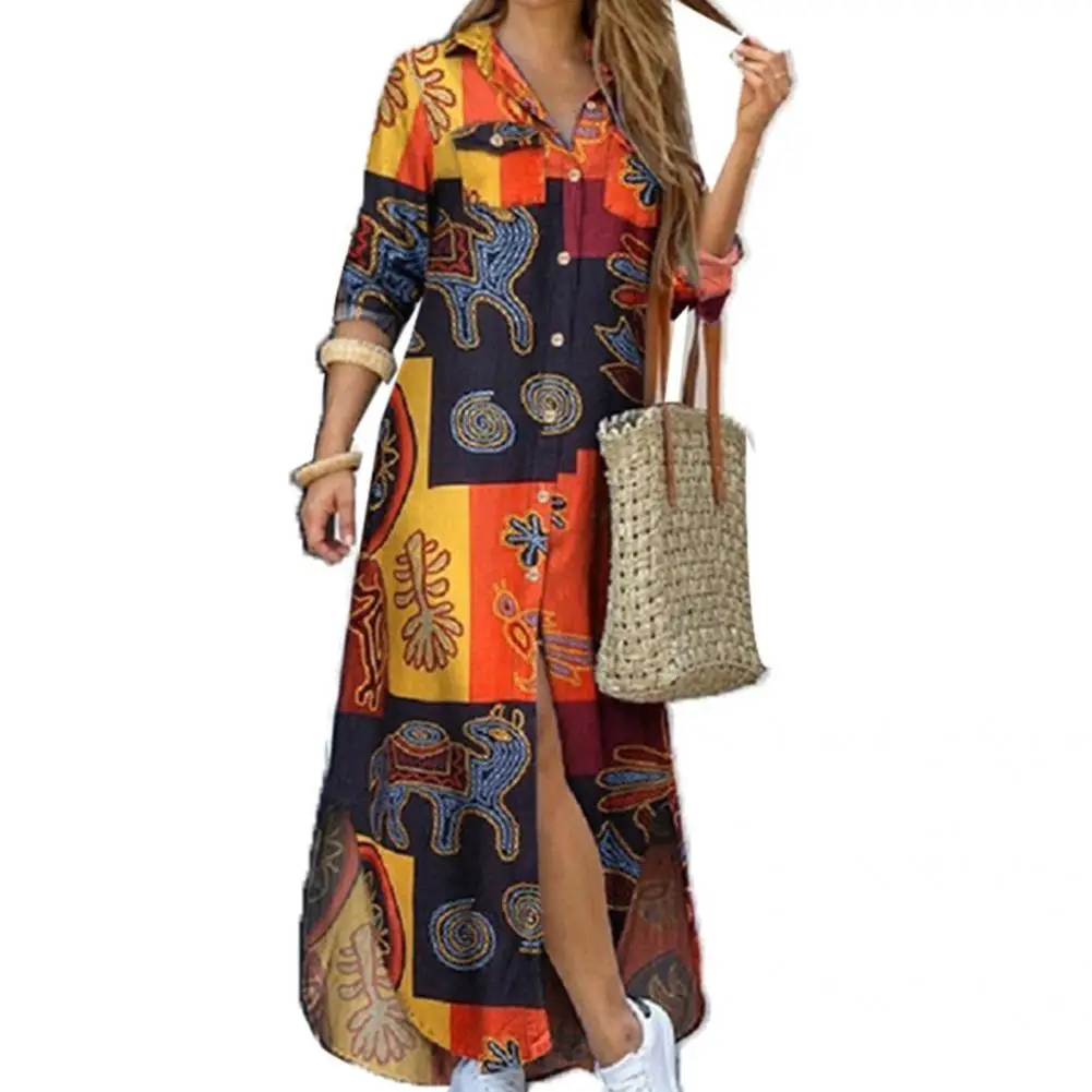 

Trendy Dress Casual Women Dress Turn Down Collar Long Sleeve Printed Maxi Shirt Dress Loose