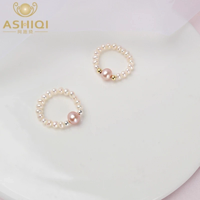 

ASHIQI Natural Freshwater Pearls Ring Women with Two Sterling silver Beads Jewelry wedding Gift
