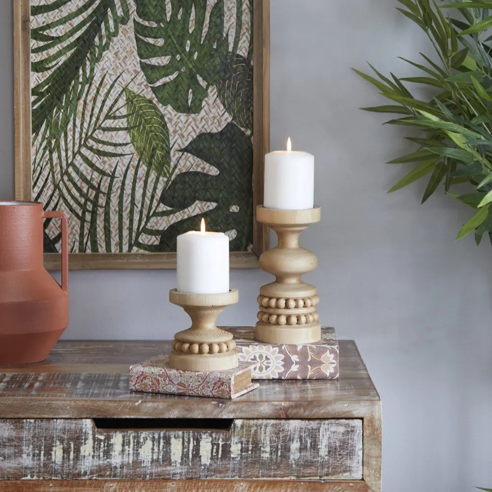 

2 Candle Brown Wood Beaded Pillar Candle Holder, Set of 2