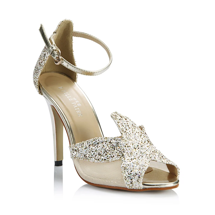 

Sandals Women's Slotted Buckle Catwalk Wedding Dinner Bride Show High Heels Gold Sequin Buckle Bright Silk Women's Shoes