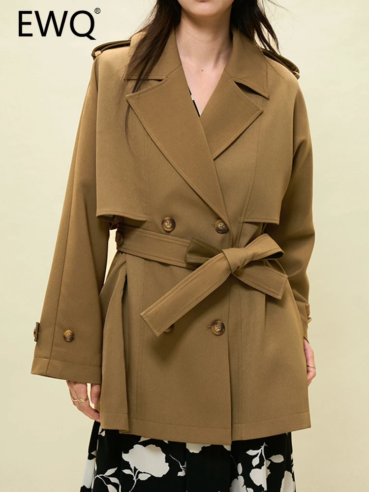 

EWQ Belt Gathered Waist Trench Women Double Breasted Casual Simplicity Female Jackets Fashion Outwear 2023 Autumn New 26D5221