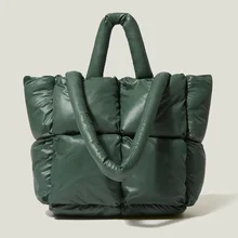 Fashion Large Handbag Padded Handbag Nylon Down Cotton Winter New Simple Design Pure Color Soft Smal