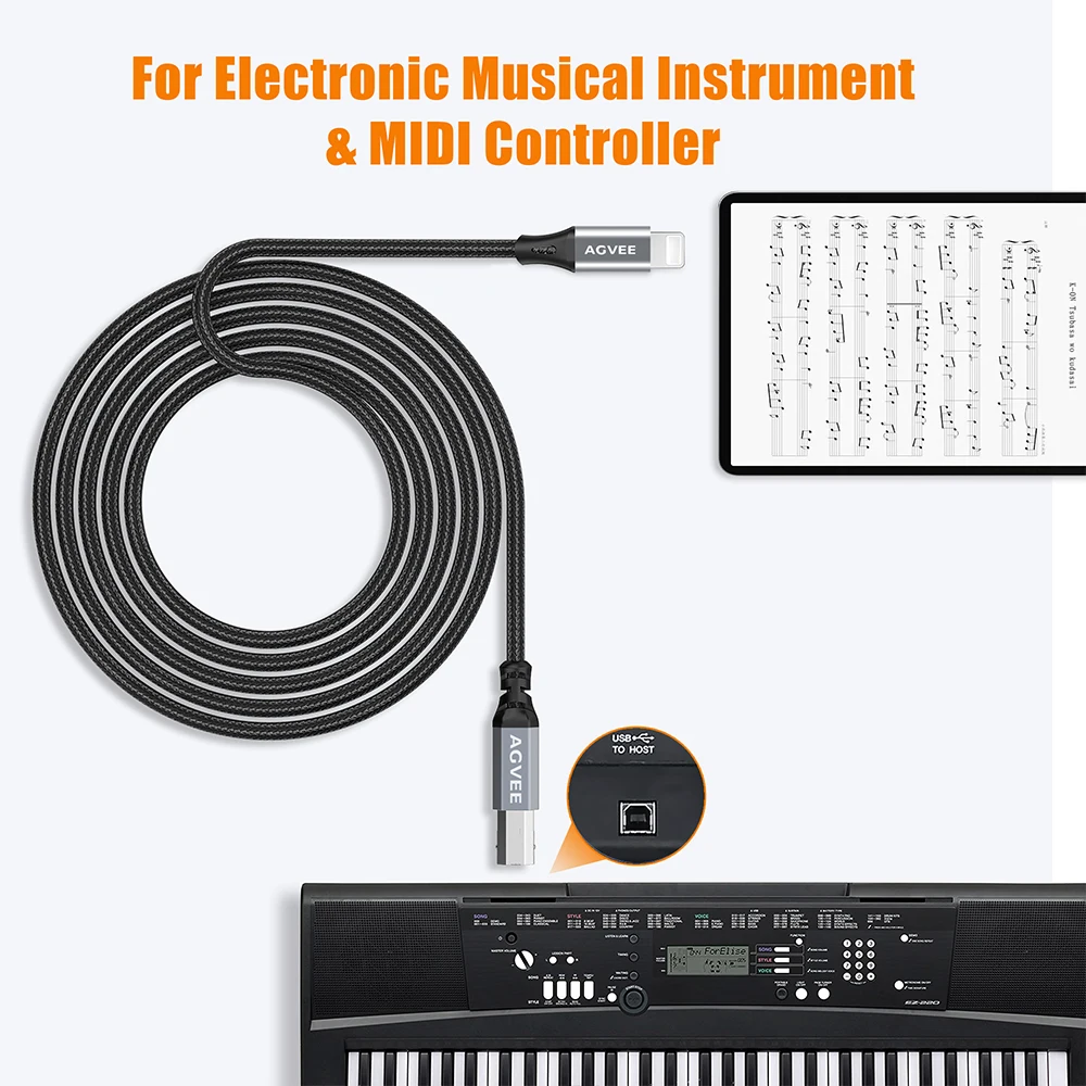 Молниевый USB кабель Type B Midi Cable OTG для iPhone 13 iPad к контроллеру электронного музыкального инструмента барабана.