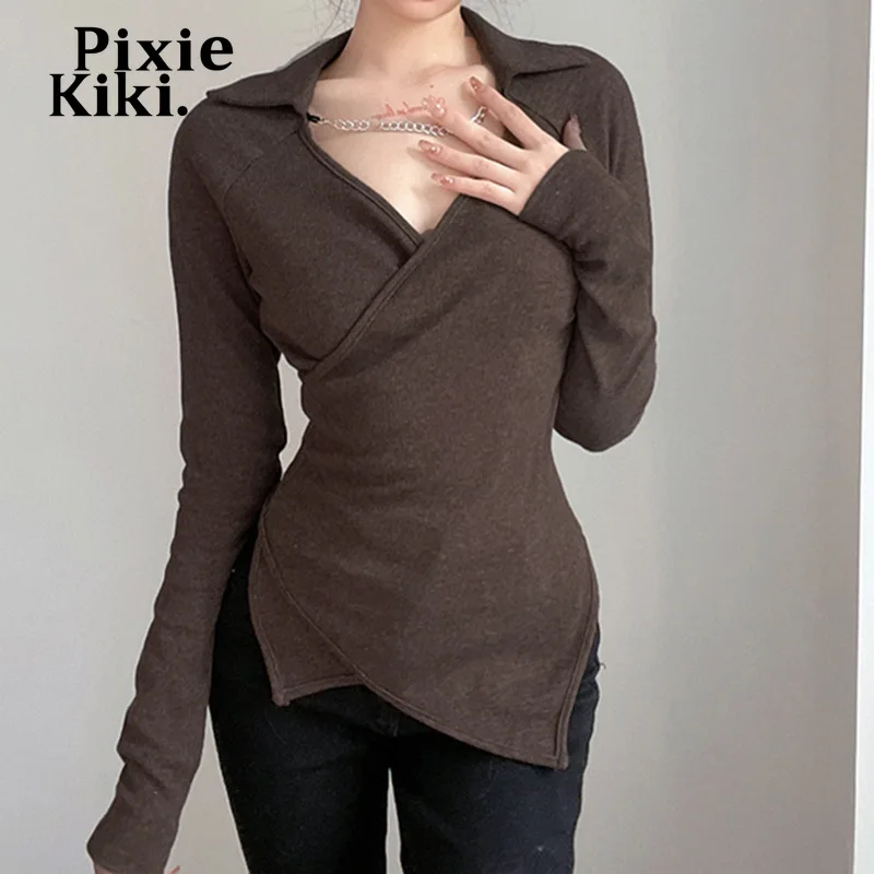 

Асимметричный топ PixieKiki с V-образным вырезом и длинным рукавом Y2k Indie, эстетичная одежда для женщин, коричневая трикотажная облегающая футбол...