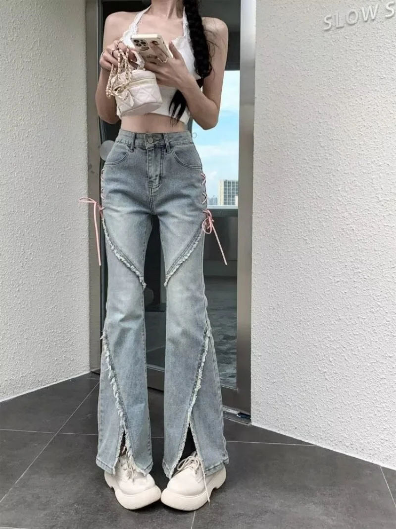 Retro Female Tassel Micro Flared Trousers Frayed Edging Ripped Hole Streetwear Denim Jeans Zipper High Waist Clothes Loose Pants