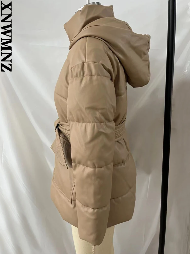 XNWMNZ New Fall winter woman fashion Leather Thermal Padded Hooded Jacket with Belt women vintage parka faux leather cotton coat
