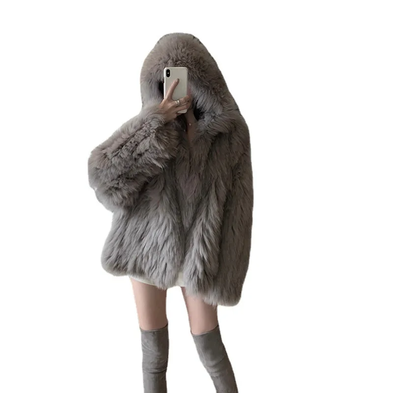 Winter hooded knitted loose fur coat