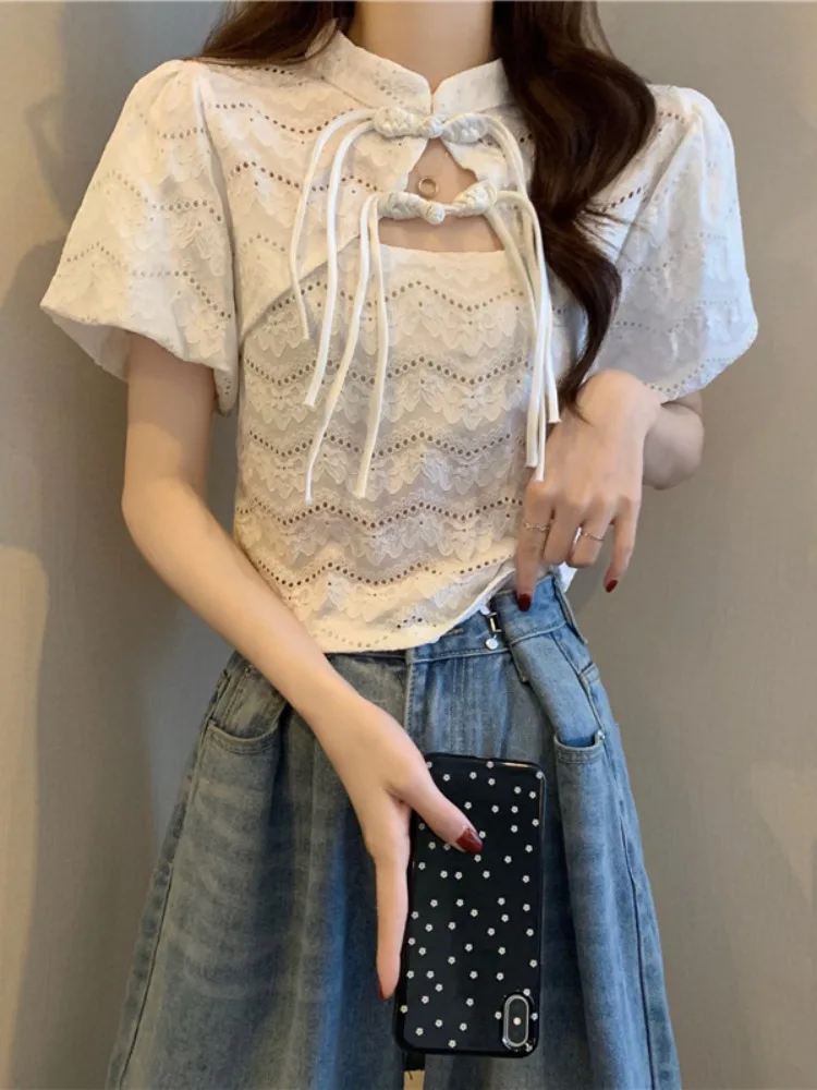 Китайские рубашки с короткими рукавами и открытой пряжкой на шнуровке женские