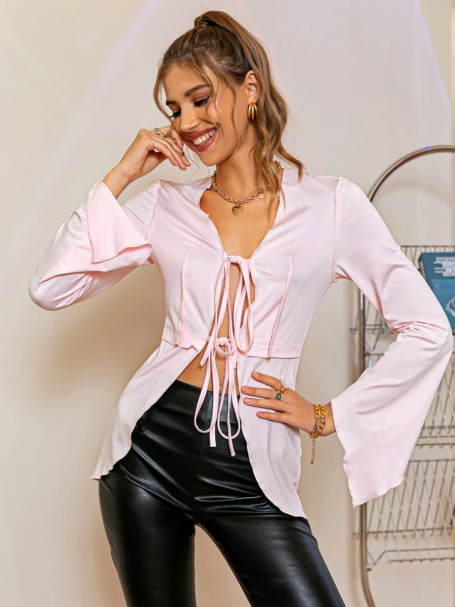 

Combhasaki Women Casual Shirt Tie Up Hollowed Out Chest Flared Long Sleeves Reverse Side Solid Color Leisure Cardigan Tops