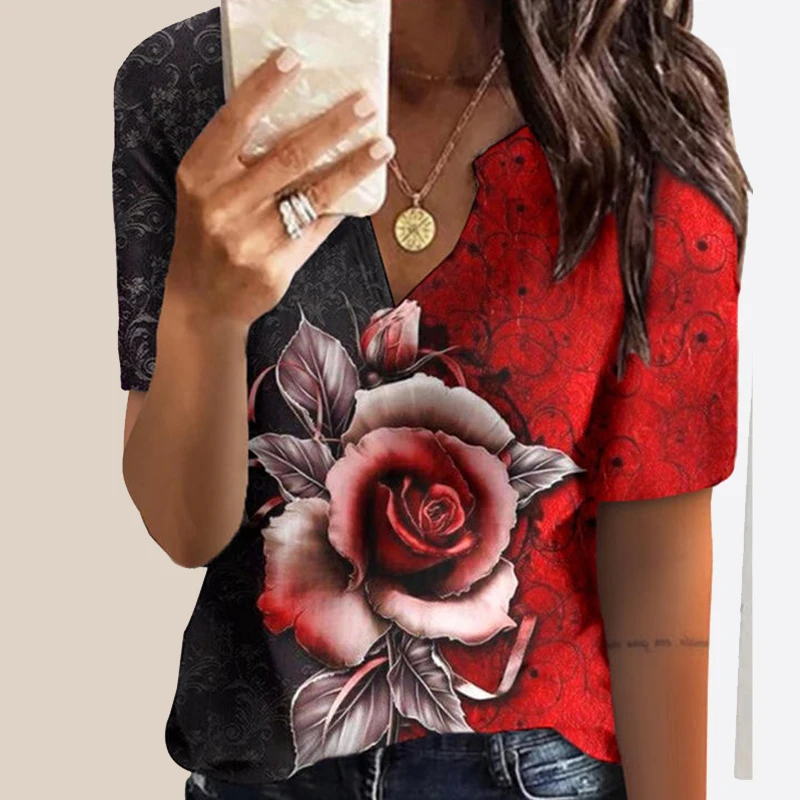 

2022 Summer V-neck Red Rose Printed Women's Short Sleeve T-shirt Loose Top Casual 5XL Plus Size T-shirt Vestidos Para Mujer