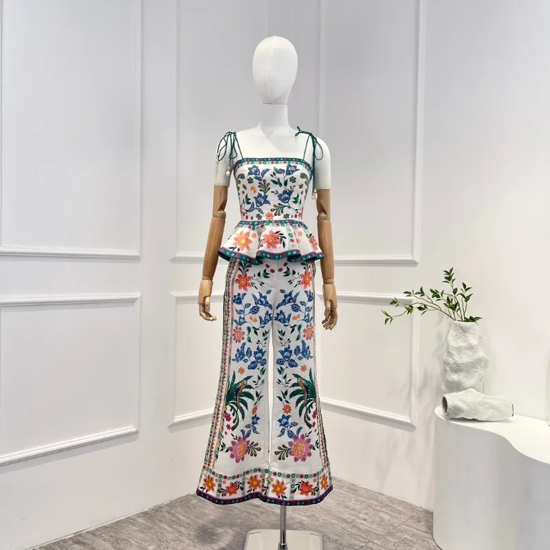 

New Spring Summer Top Quality 2023 Holiday Style Floral Printing Self Tie Straps Flare Pants Matching Set for Women