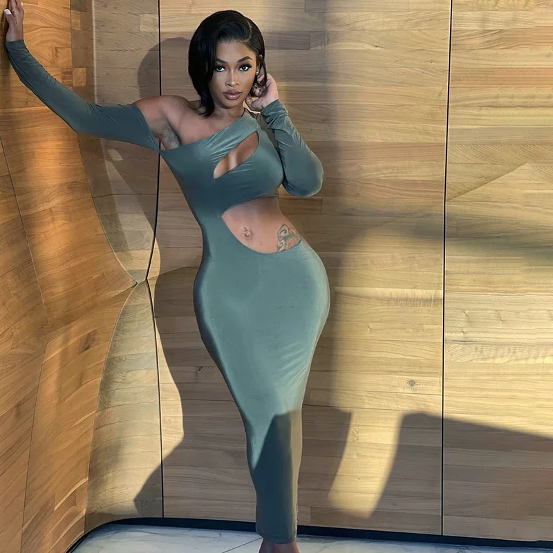 

Women Cut Out Bodycon Long Dress Sexy Club Party Street One-Shoulder Long Sleeve Hollow Out Dress Solid Evening Dress