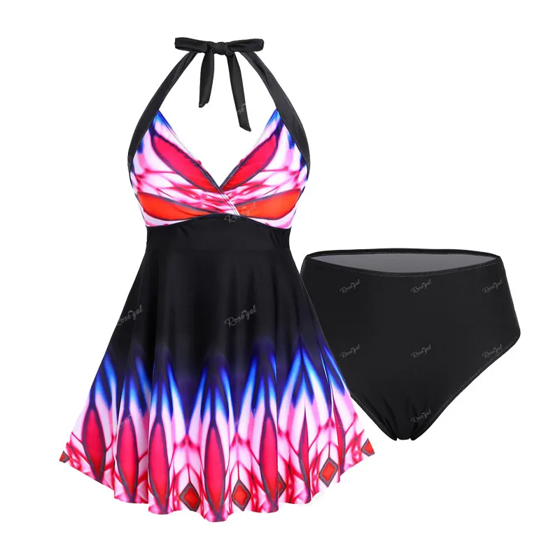 

ROSEGAL Plus Size Tie Dye Backless Halter Padded Swimwears Set Women's Summer Split Swimsuit Two Pieces Tankini Bathing Suit