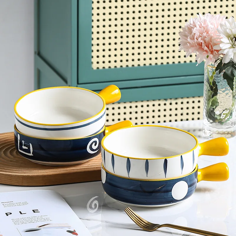 

Ceramic Handle Bowl Single Handle Bowl Baked Rice Baking Baking Bowl with Handle Creative Household Noodle Bowl