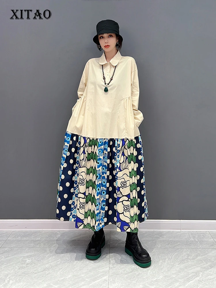 

XITAO Contrast Color Patchwork Shirt Dress Loose Fashion Simplicity Temperament Turn-down Collar Big Hem Women WLD13252