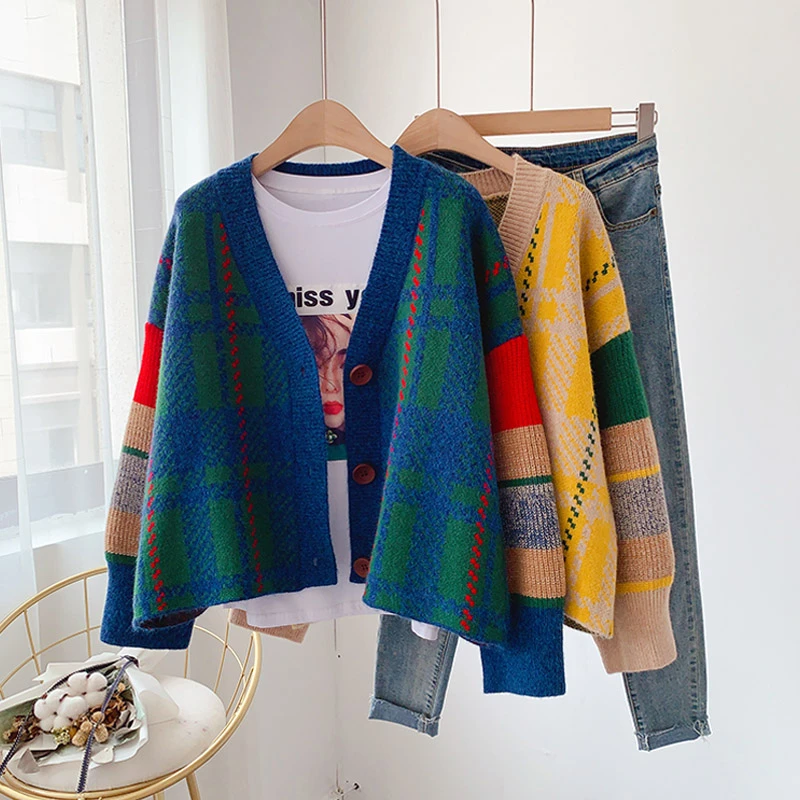 

Винтажный свитер, кардиганы, женские пальто, жаккардовые свитеры в клетку, Свободный Топ в японском стиле, новинка 2023, вязаные куртки для осени и зимы