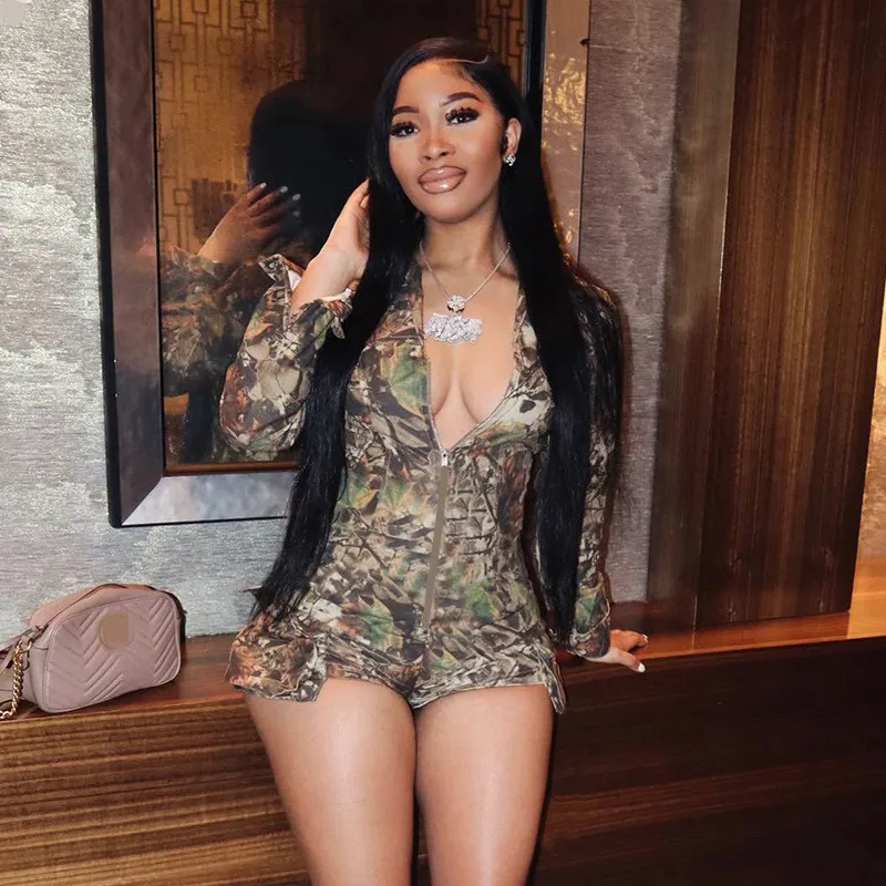 Сексуальные шорты с v-образным вырезом и камуфляжным принтом женский комбинезон