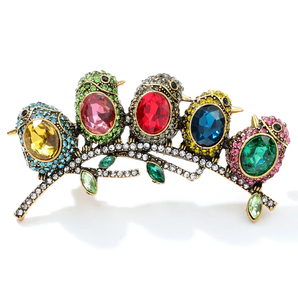 

MITTO FASHION JEWELRIES AND HIGH-END ACCESSORIES COLORED RHINESTONES PAVED LITTLE BIRDS ON BRANCH VINTAGE PIN WOMEN DRESS BROOCH