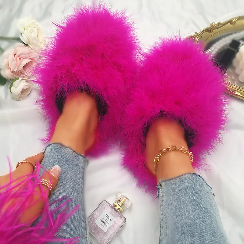 

New Faux Fox Fur Slippers Women's Furry Warm Flip Flops Fullfy Raccoon Fur Slides Flat Comfortable Home Shoes Plus Size Couple