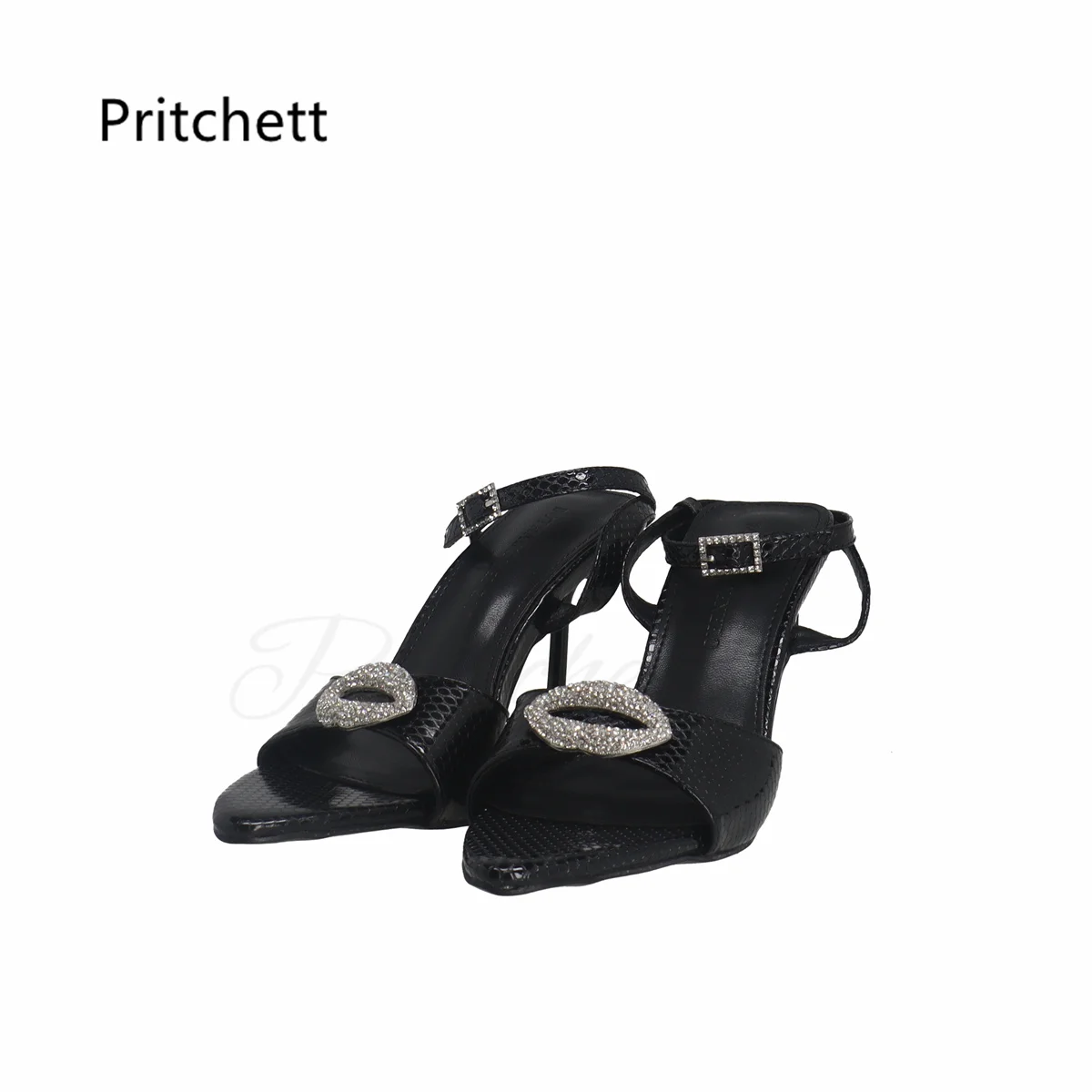 Rhinestone Open Toe Stiletto Sandals for Women Summer High Heels Sexy Black Leather Buckle Strap Pointy Sandals Party Shoes