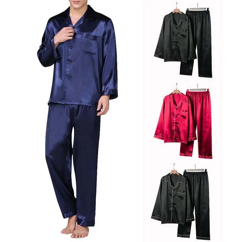 

Men's Classic Satin Pajama Long Sleeve Sleepwear Large Size Home Service Silk Satin Pajamas Set Nightwear Loungewear Homewear