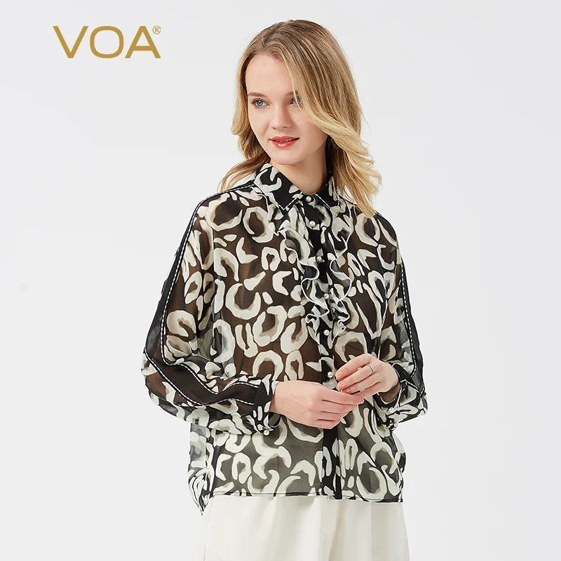 

(Clearance Sale) VOA Silk 12m/m Printed Georgette White Arch Needle Long Sleeve Blouse Thin Micro Penetration Shirt Women BE99
