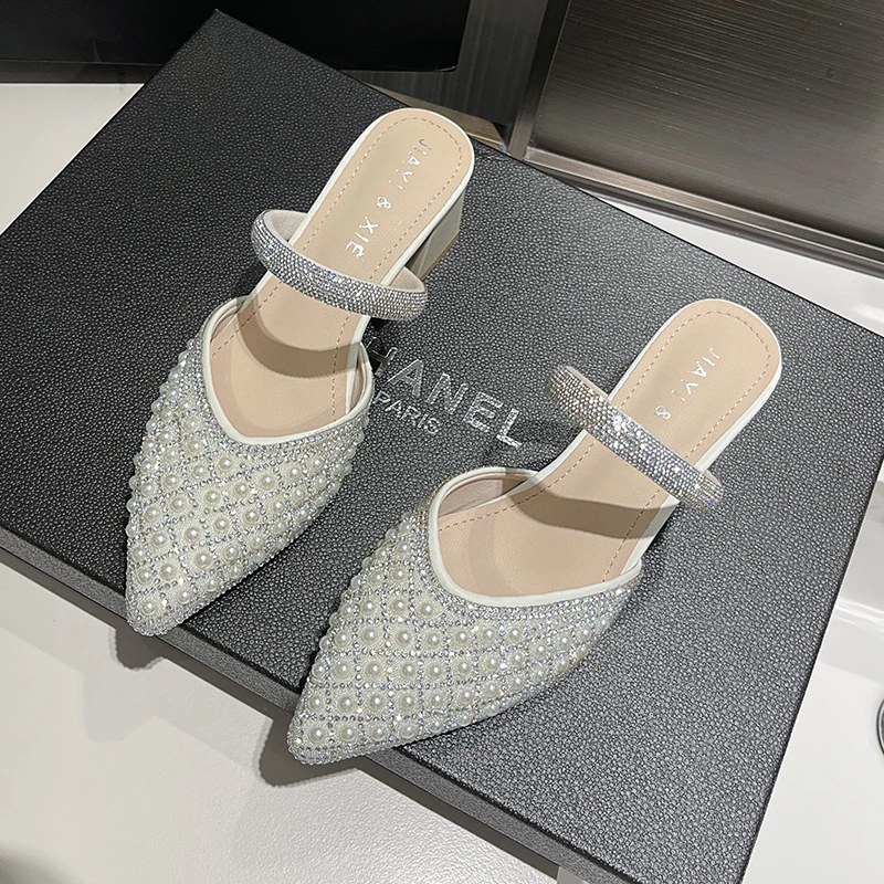 Woman Sparkly Pearl Pointed Toe Sandals Elegant Party Shoes Medium Heels Wedding Casual Chunky Heels Slippers Luxury Comfortable