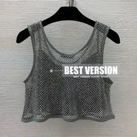 high end luxury branded 3d triangle logoed beaded 2022 spring summer fashion metalic sexy mesh tank top crop tops for women s l
