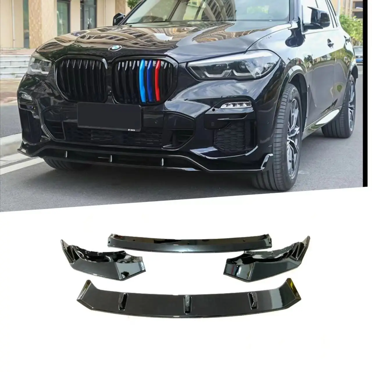 Фото Подходит для BMW X5 G05 CAR Black Jedi 2020-2023 гг., передняя губа, передний совок, черная отделка, 4-ступенчатый дизайн, АВТОЗАПЧАСТИ №1