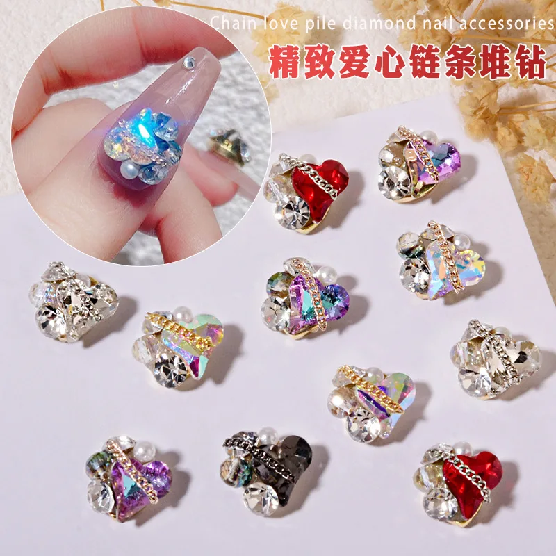 

2022 New 5 Pcs/bag New Nail Art Jewelry Love Gems Rhinestones Stereo Stacking Charm with Metal Chain Nail Tip Art Accessories