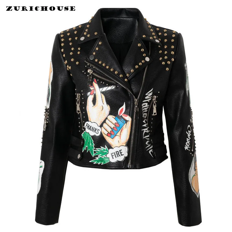 ZURICHOUSE Stylish Hit Color Spliced Print PU Leather Jacket Women Slim Short Streetwear Punk Rivet Biker Jackets Femme