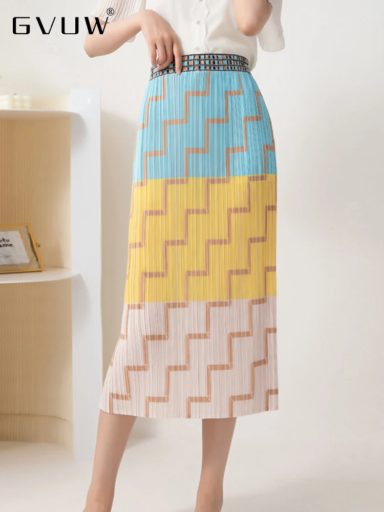 

Модная плиссированная юбка GVUW с геометрическим принтом для женщин, осень 2023, новая одежда с эластичным поясом и разрезом на бедрах, женская повседневная одежда 17G1984